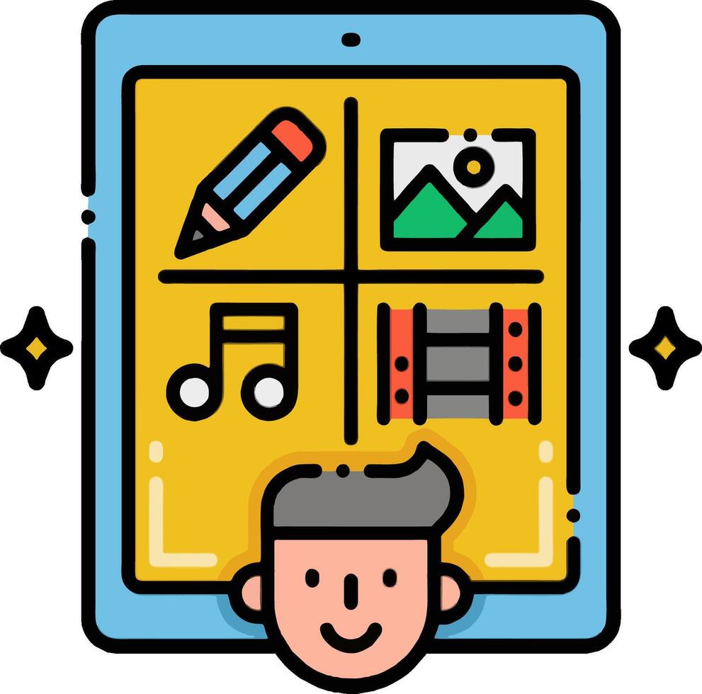 A man is holding a tablet with icons on it vector