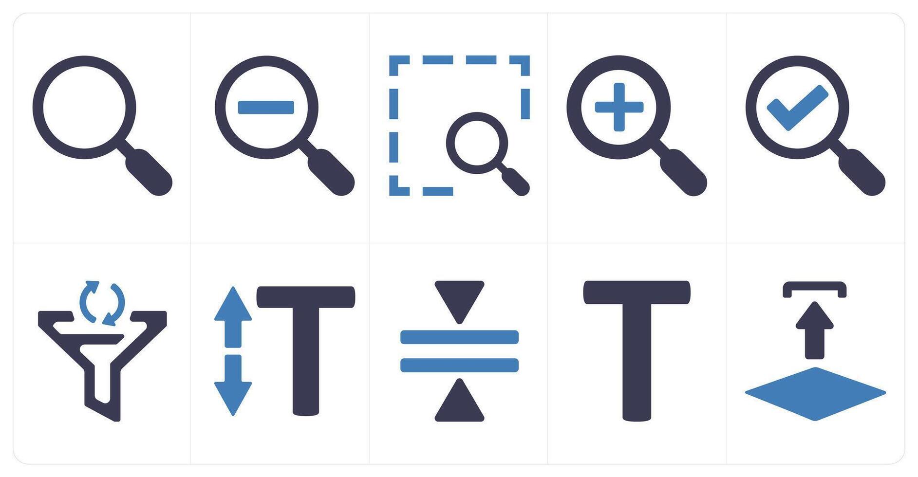 A set of 10 editing tools icons as search, zoom out, finder vector