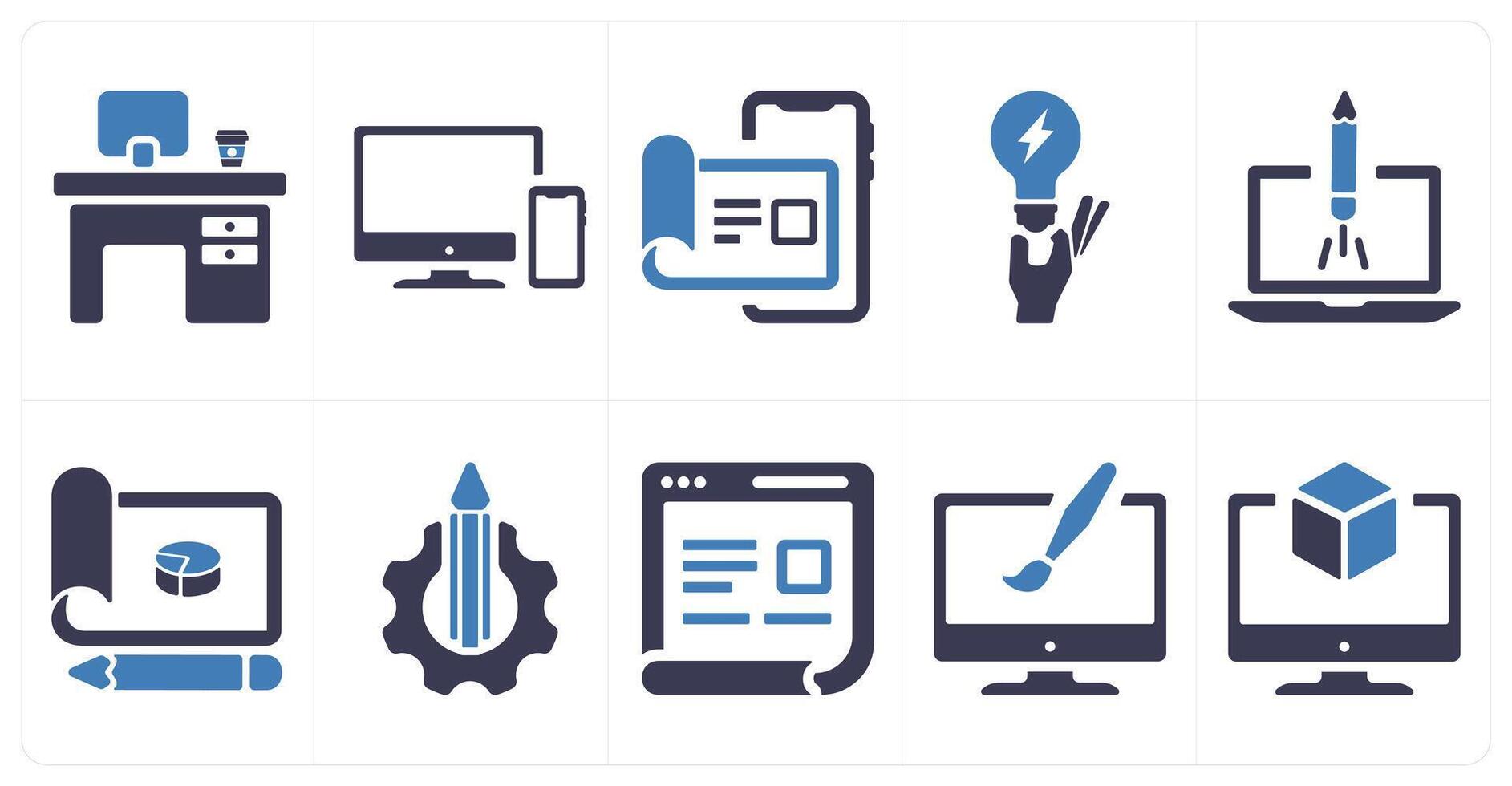 A set of 10 design and creativity icons as office desc, responsive, user details vector