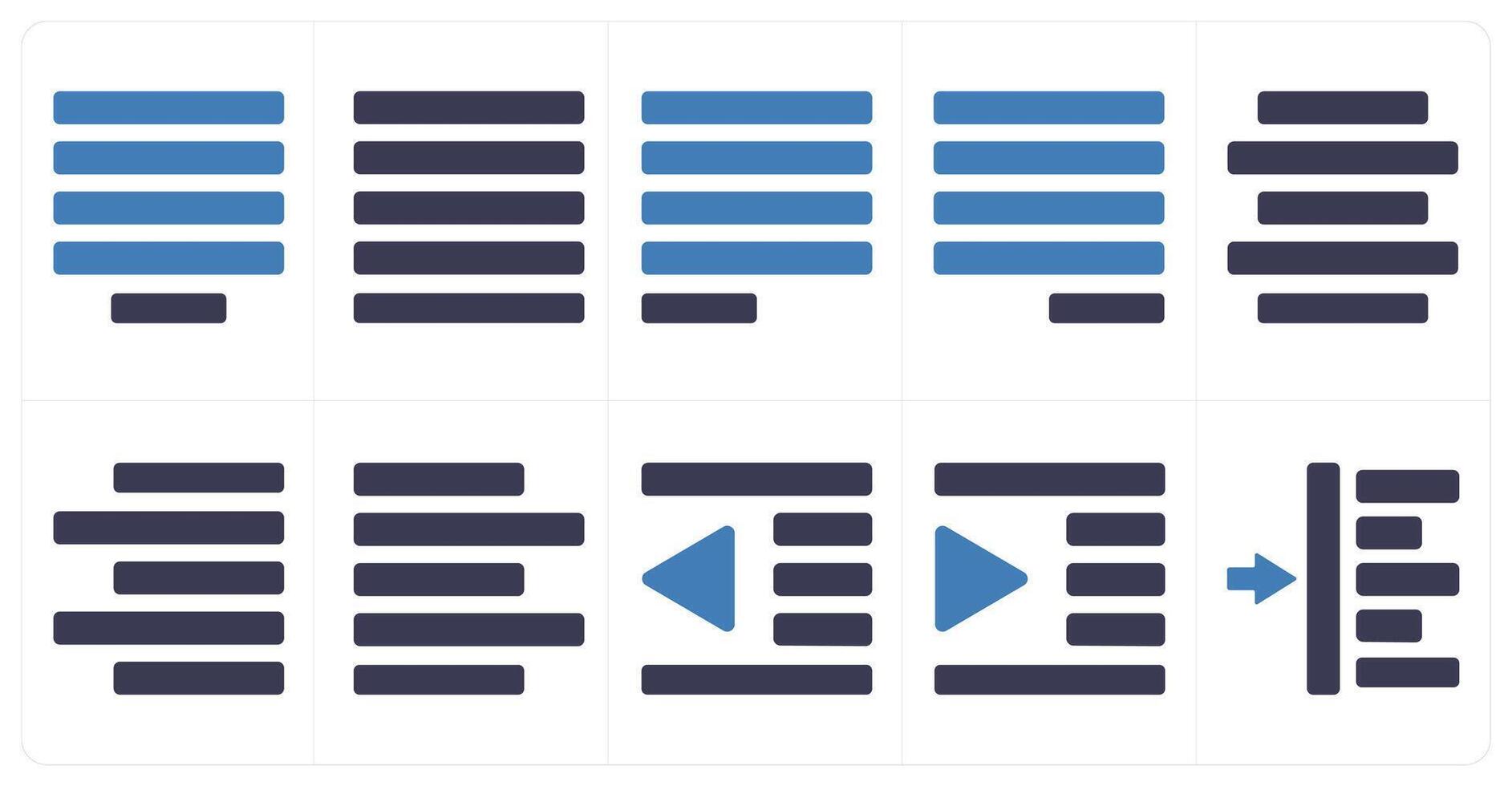 A set of 10 editing tools icons as center justified, justified, left justified vector