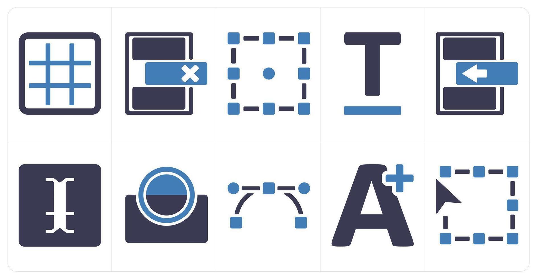 A set of 10 editing tools icons as grid, delete row, transform vector