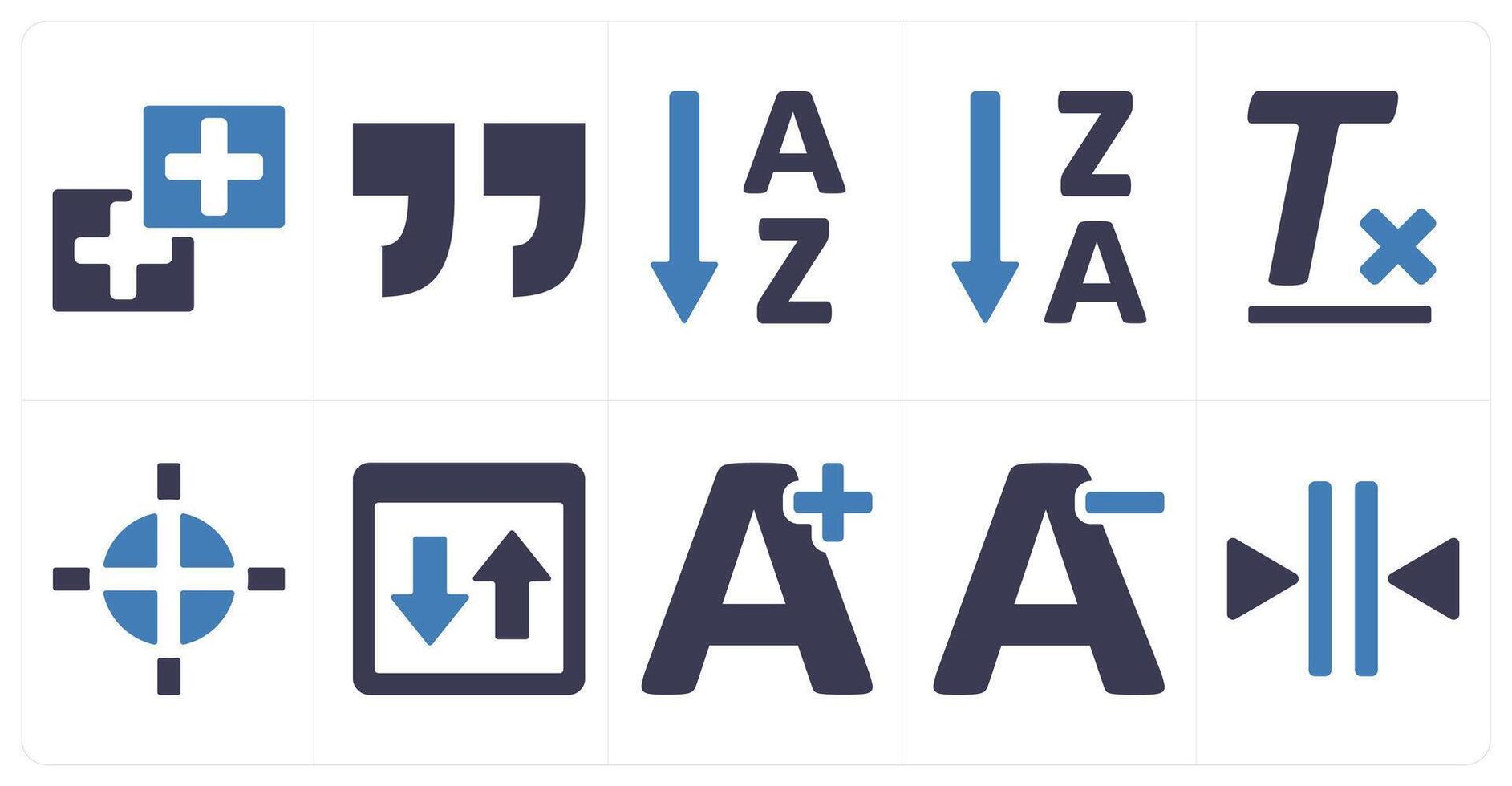 A set of 10 editing tools icons as add new, quotes, ascending sorting vector
