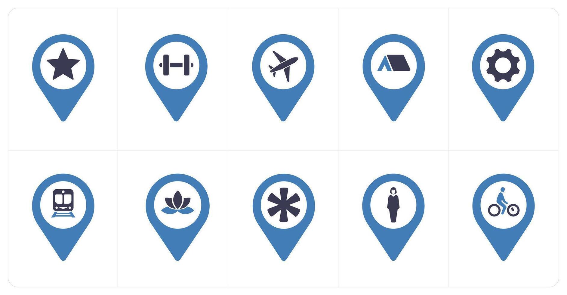 A set of 10 Location Pointer icons as favorite, gym, aeroplane vector