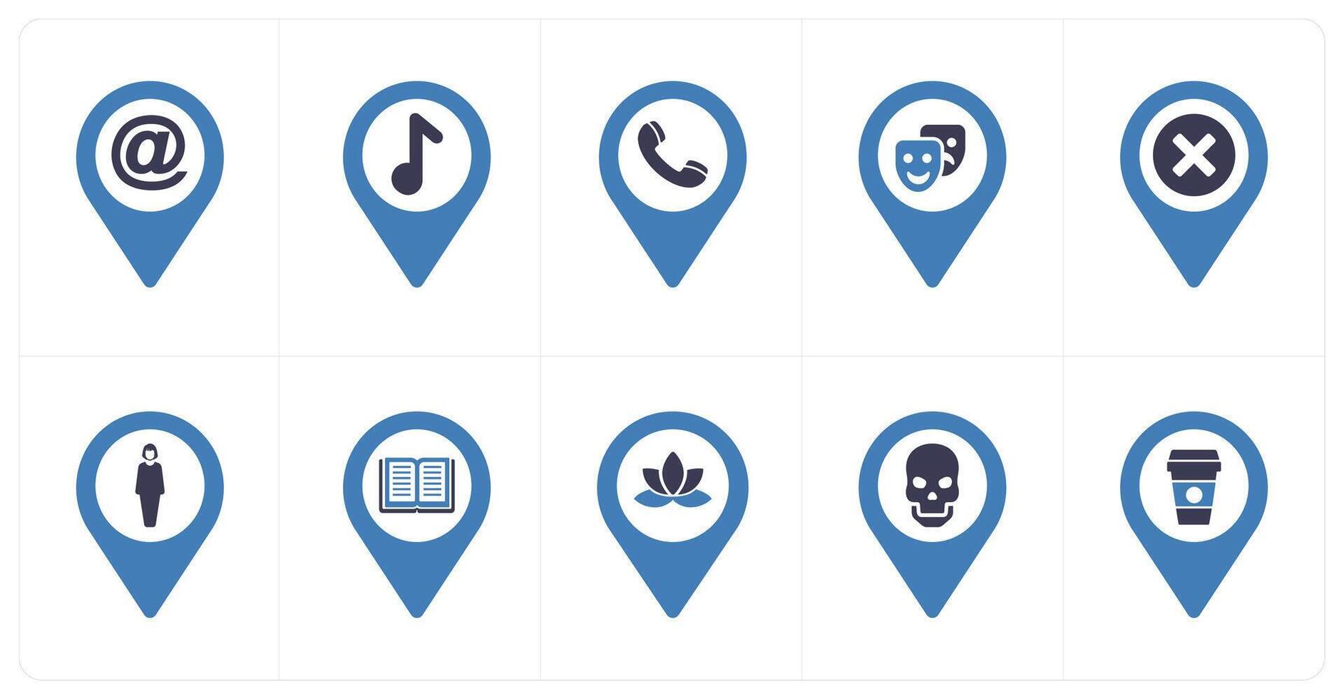 A set of 10 Location Pointer icons as email, audio, call vector