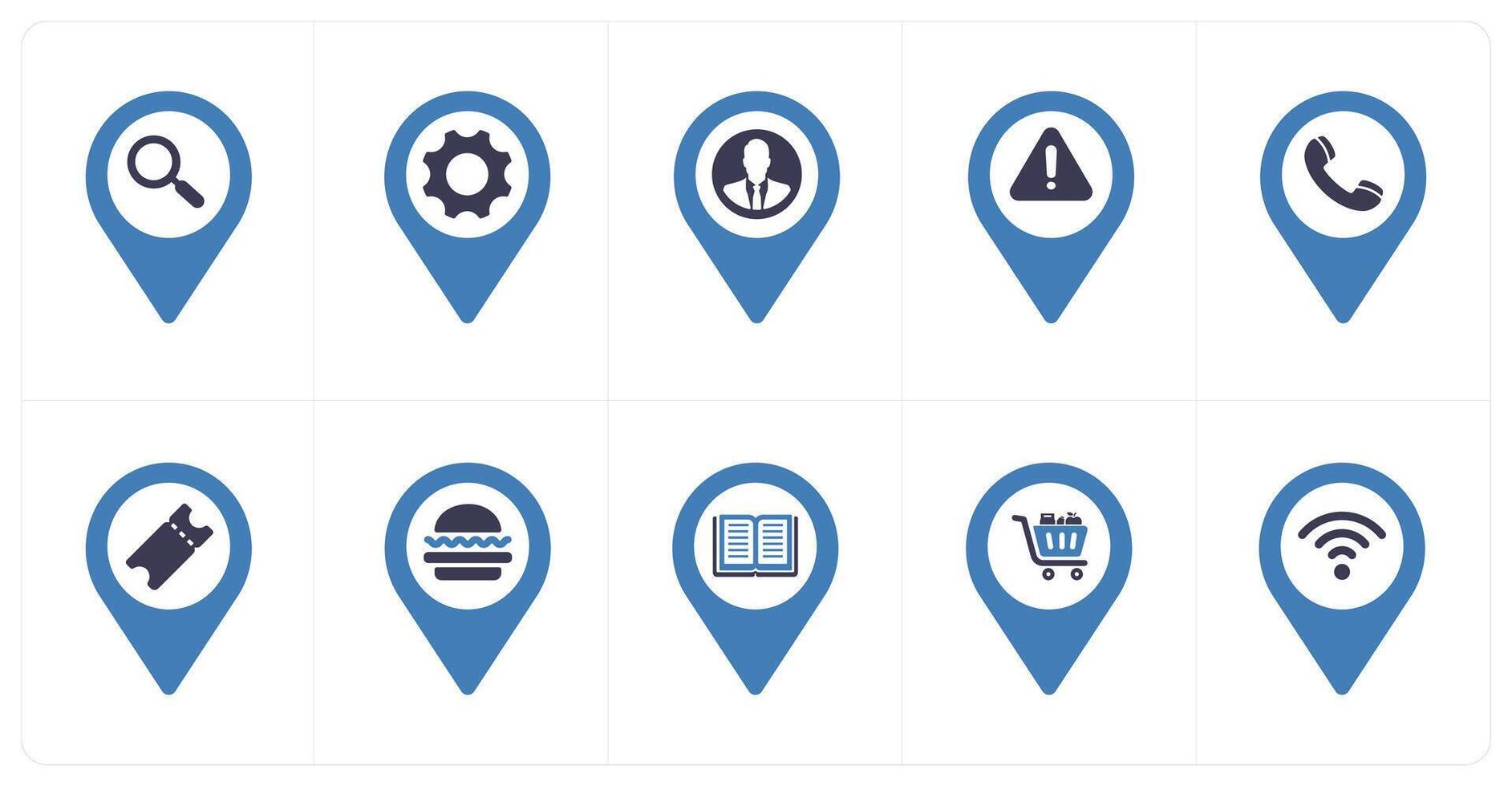 A set of 10 Location Pointer icons as search, options, profile vector