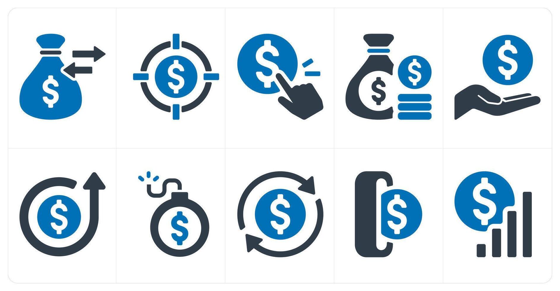 A set of 10 finance and money icons as funds, target profit, pay per click, vector