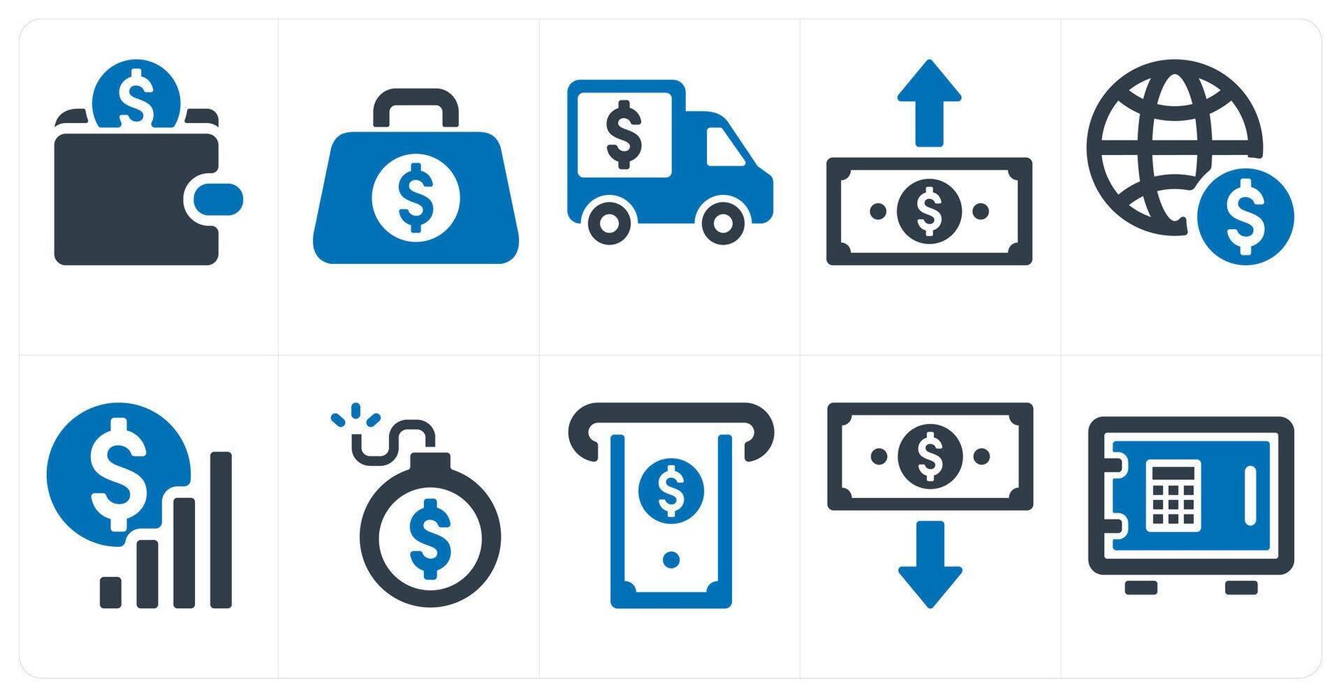 A set of 10 finance and money icons as savings, money bag, cash van vector