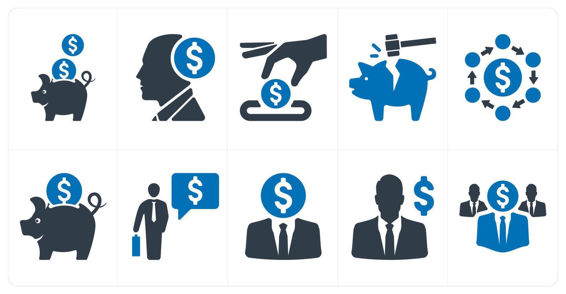 A set of 10 finance and money icons as savings, investor, insert coin vector