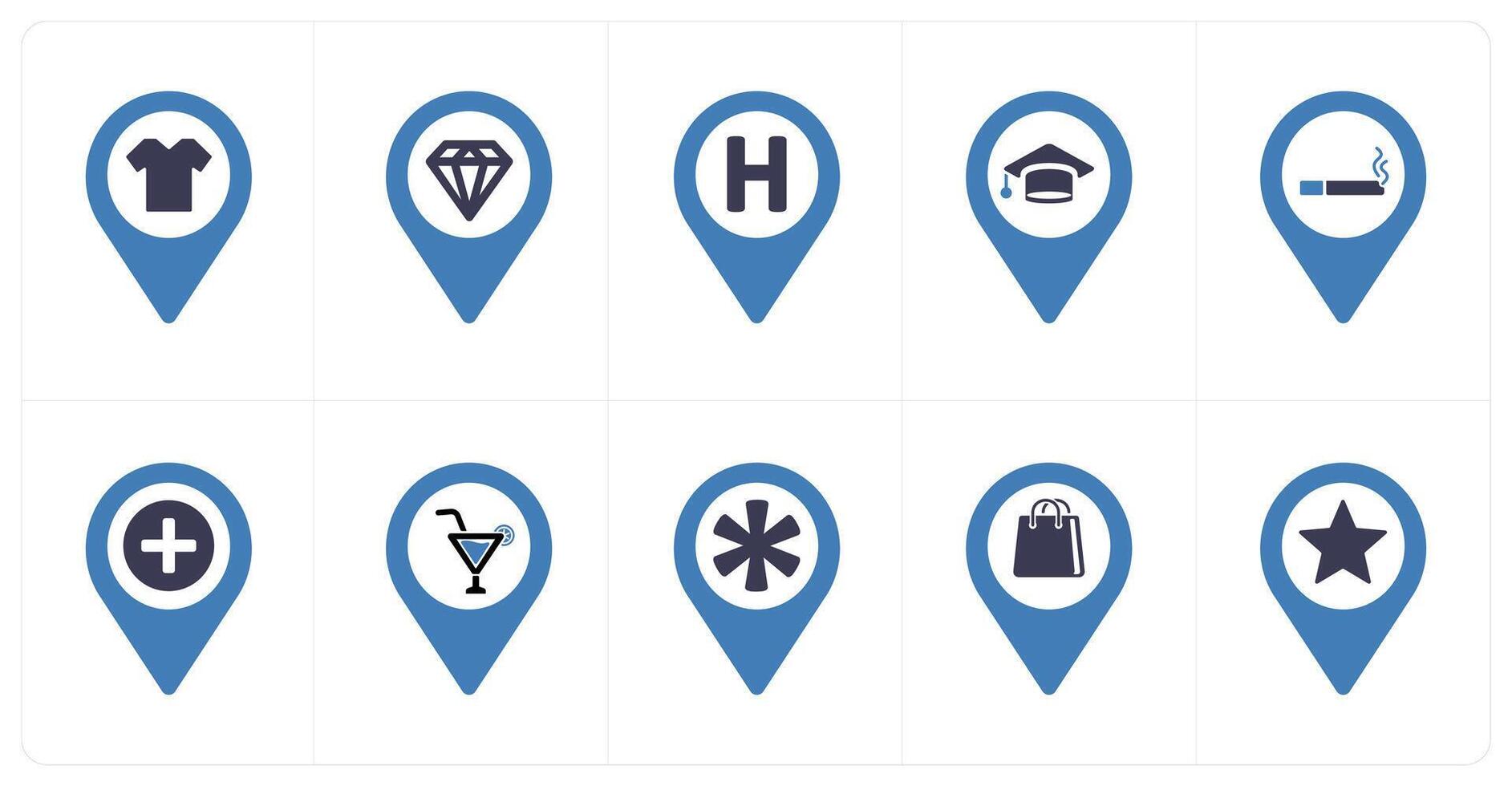 A set of 10 Location Pointer icons as shopping, jewellery, hospital vector
