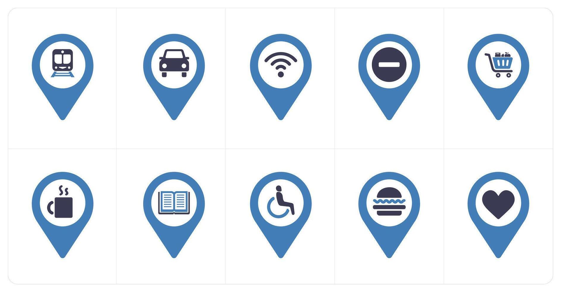 A set of 10 Location Pointer icons as train, car parking, wifi vector