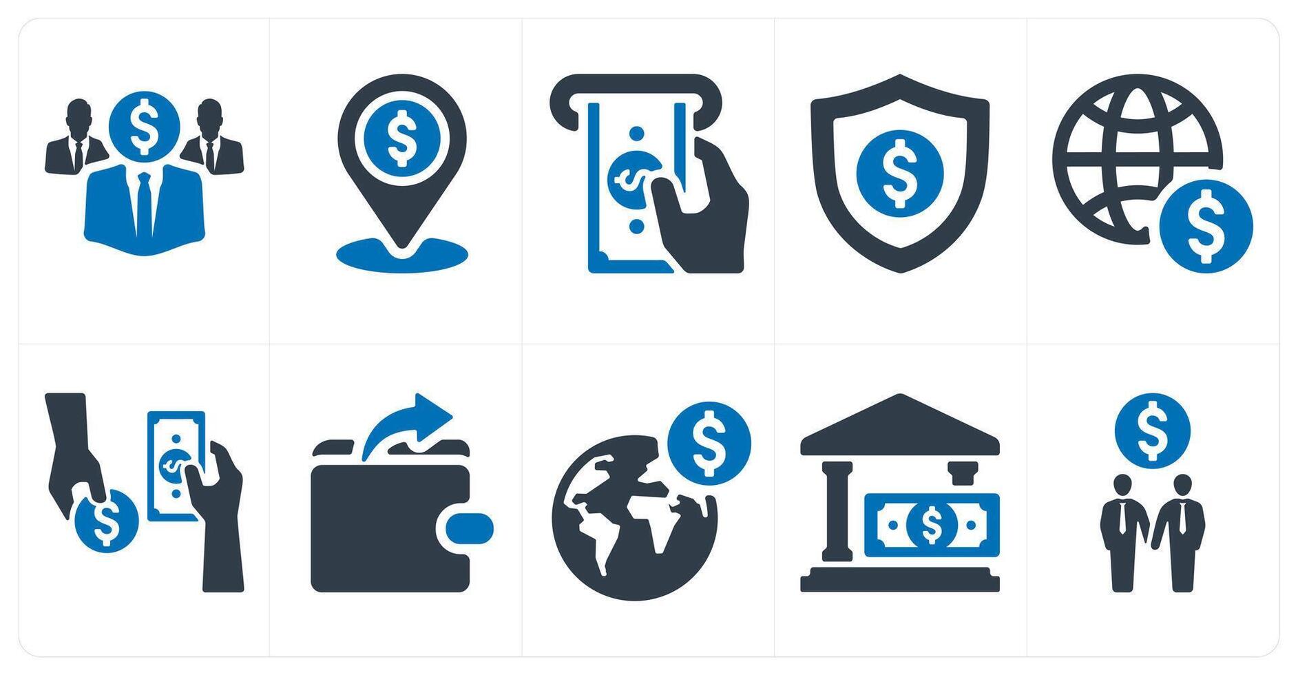 A set of 10 finance and money icons as investor, bank location vector