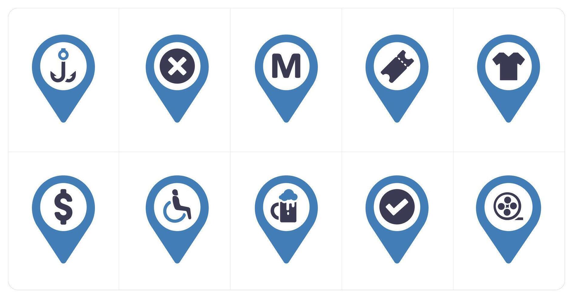 A set of 10 Location Pointer icons as anchor, delete, metro station vector