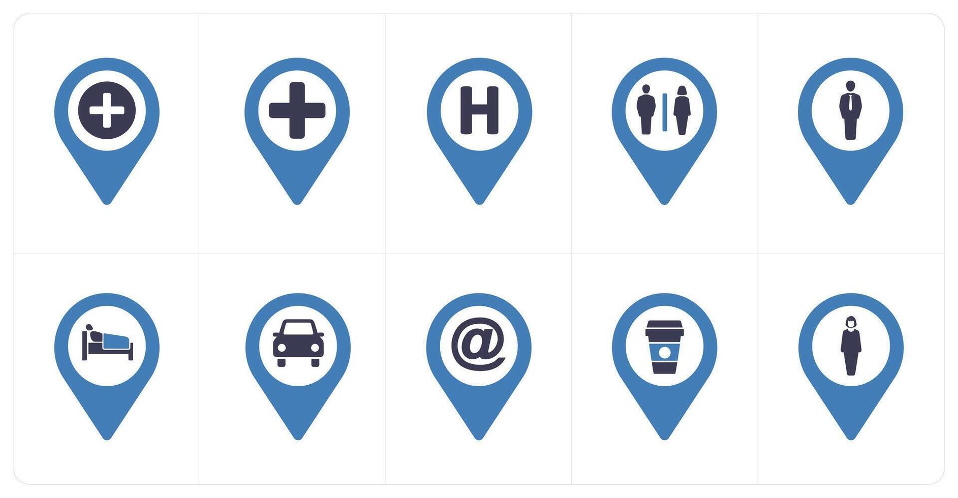 A set of 10 Location Pointer icons as hospital, hospital location, washroom vector