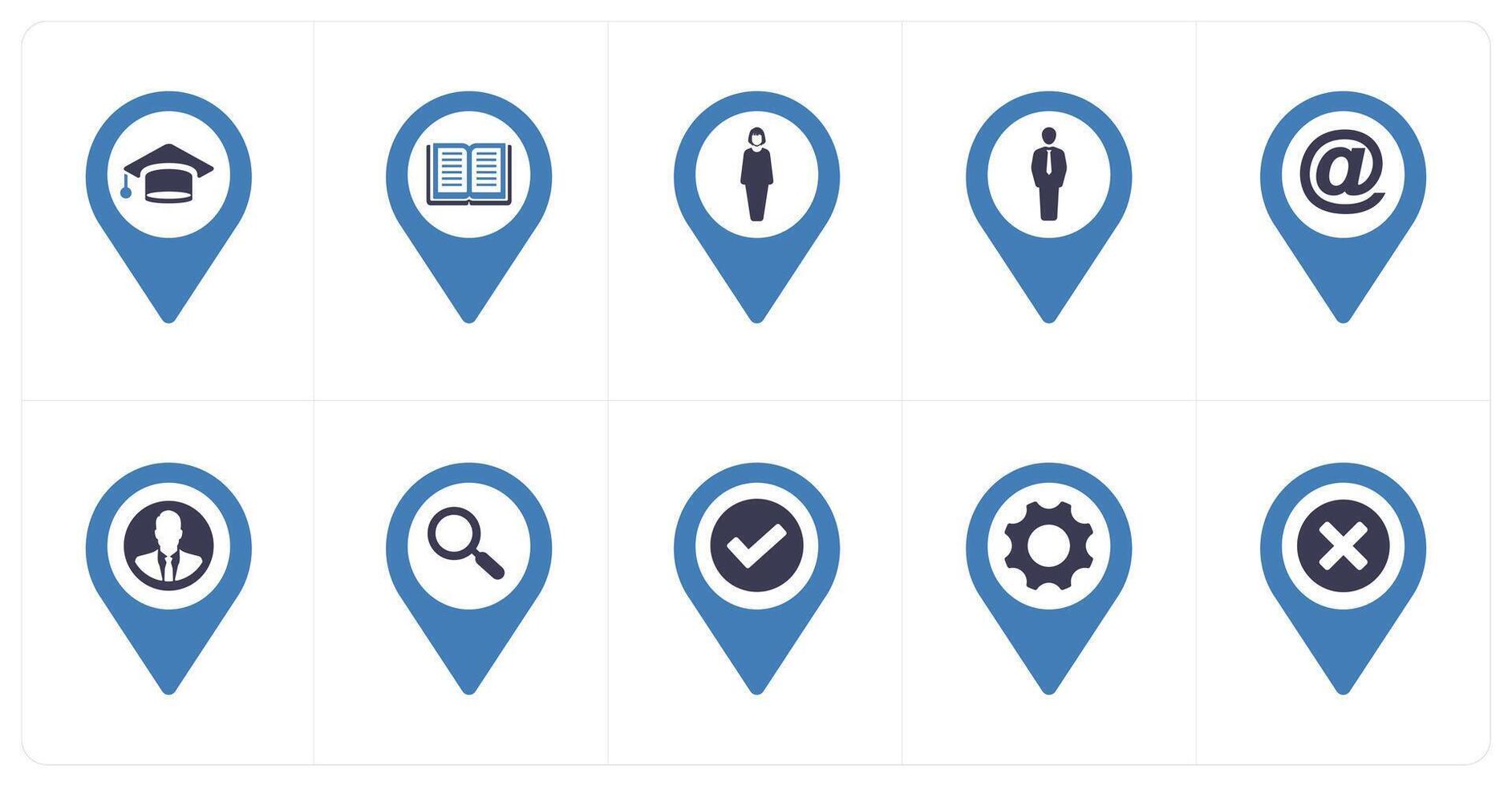 A set of 10 Location Pointer icons as graduation, library, female vector