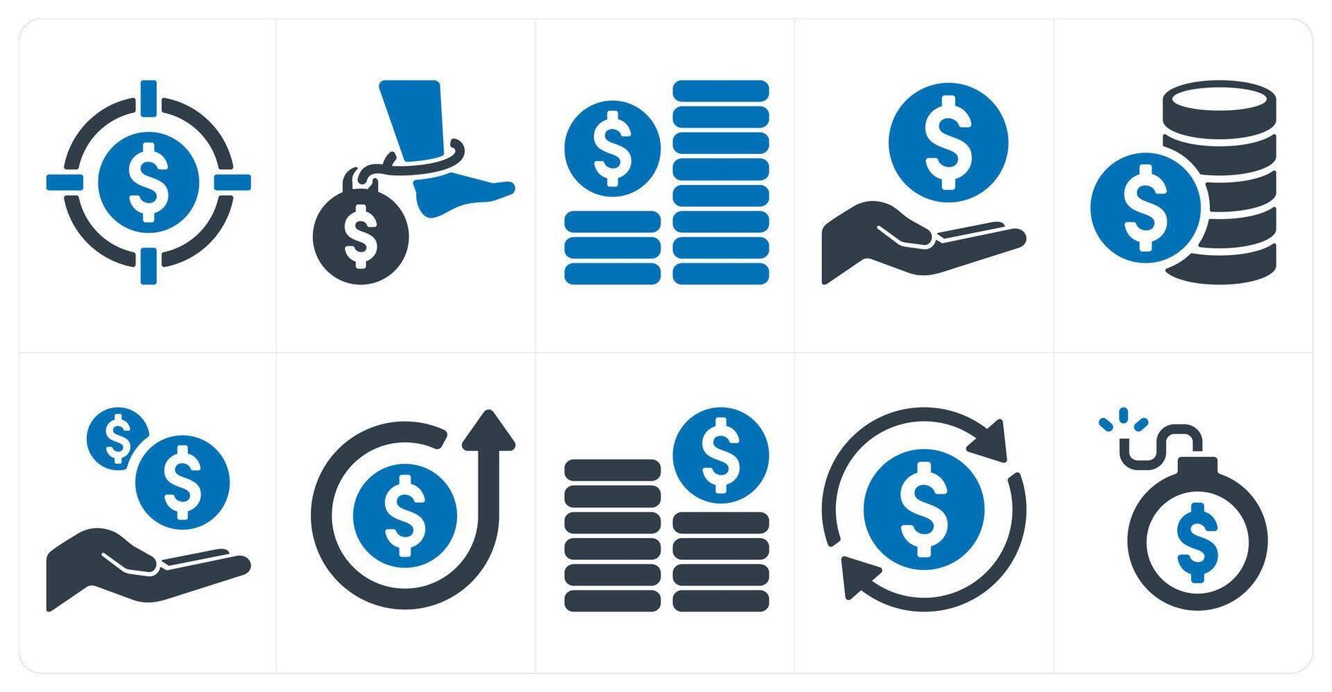 A set of 10 finance and money icons as target profit, debt, growth vector