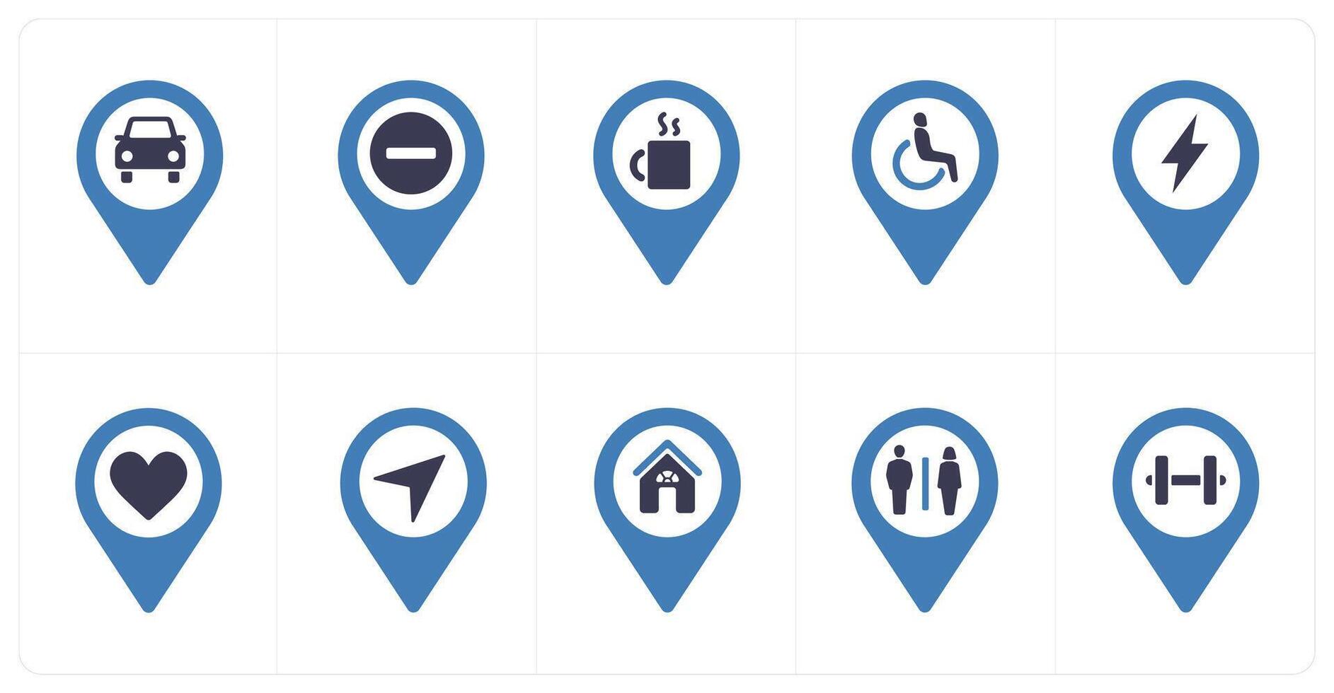 A set of 10 Location Pointer icons as car parking, trash, beverage vector