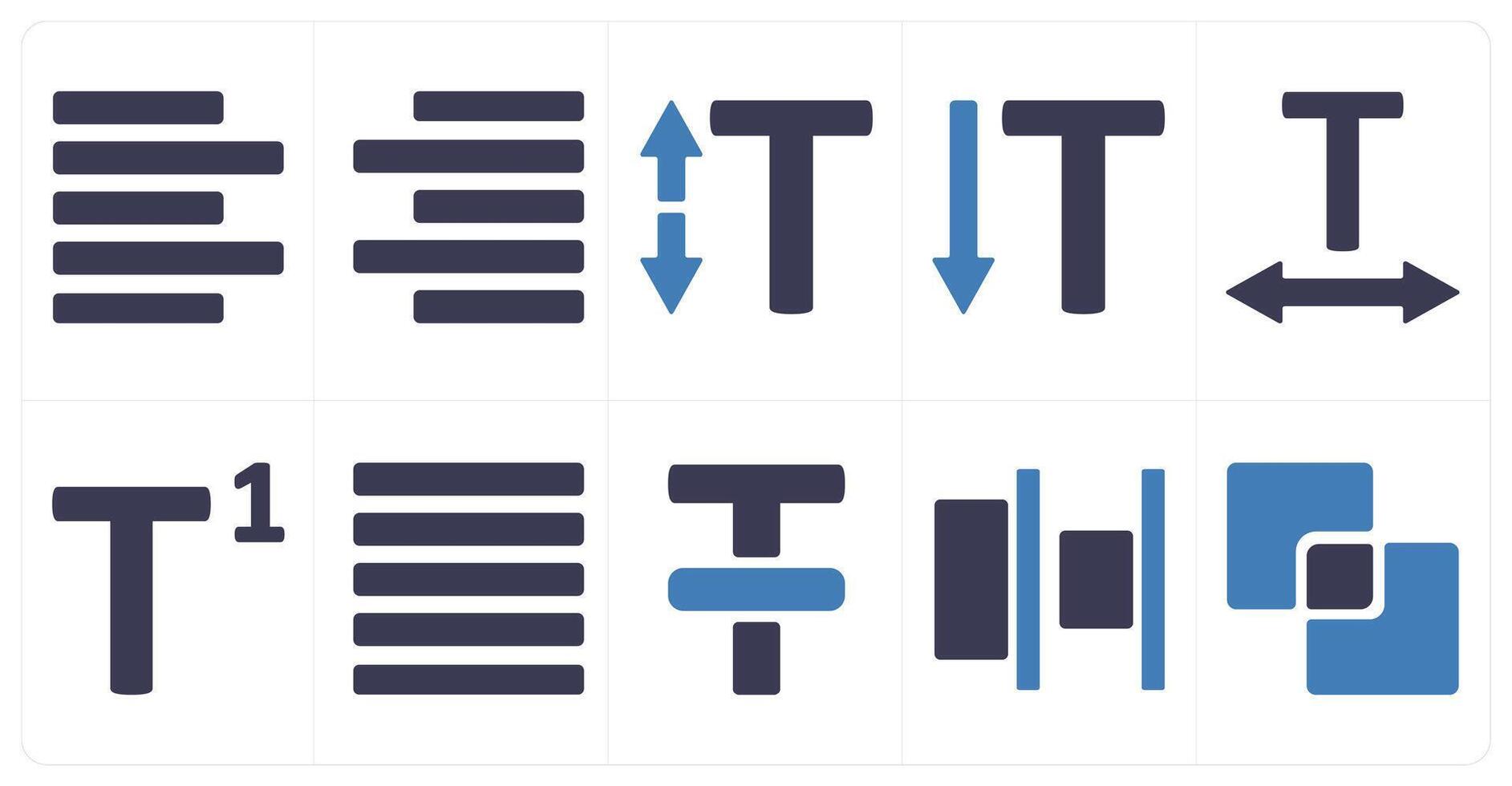 A set of 10 editing tools icons as text align left, text align right, text size vector