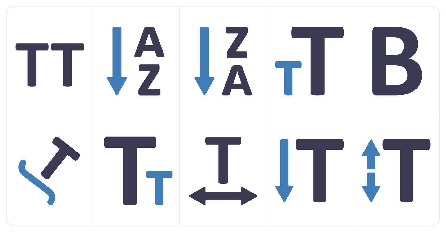 A set of 10 editing tools icons as capital letter, ascending sorting, descending sorting vector