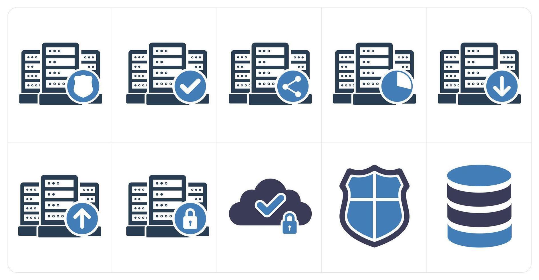 A set of 10 big data icons as server security, verified server, share drive data vector