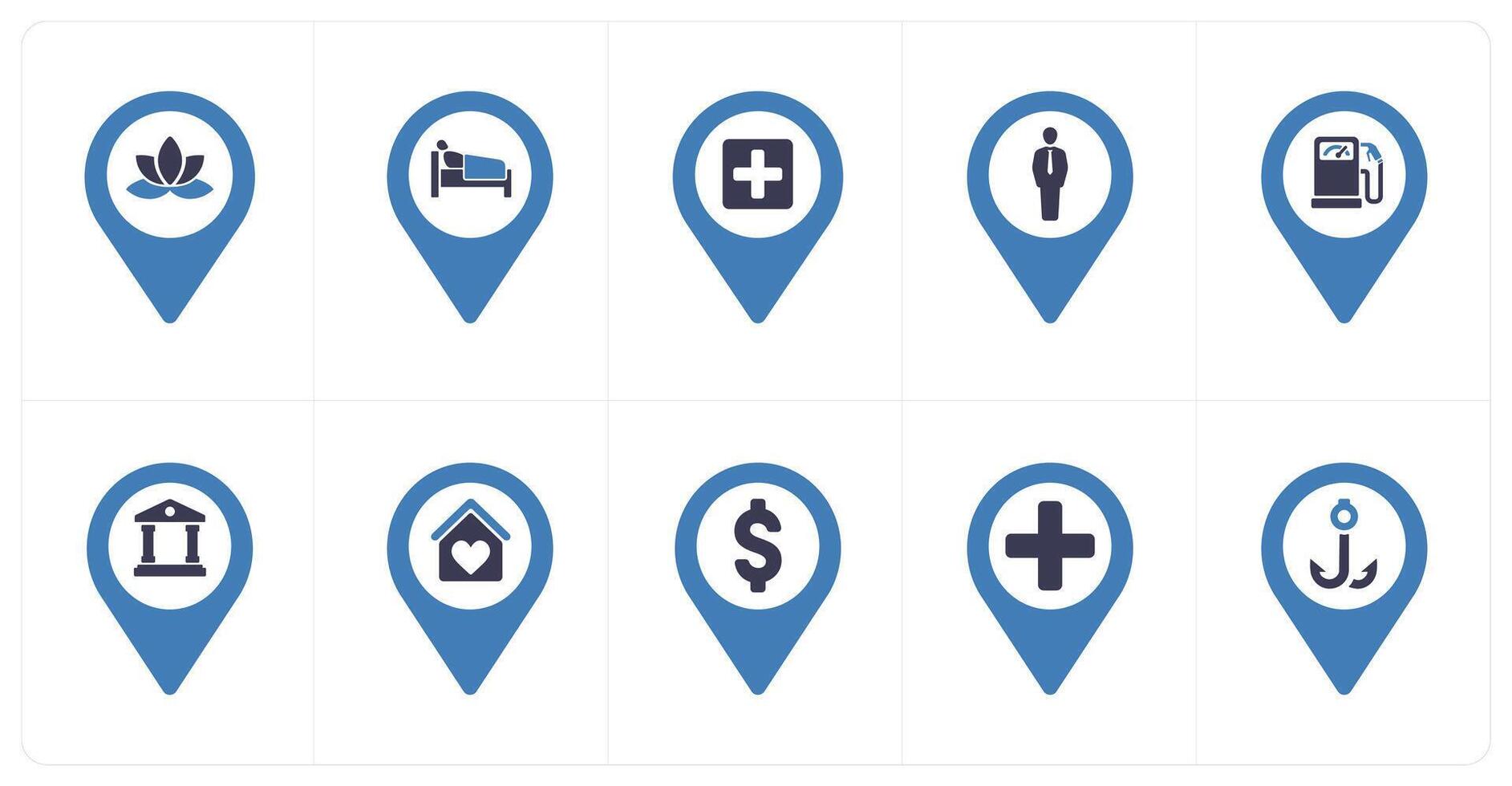 A set of 10 Location Pointer icons as fitness, rest house, hospital vector