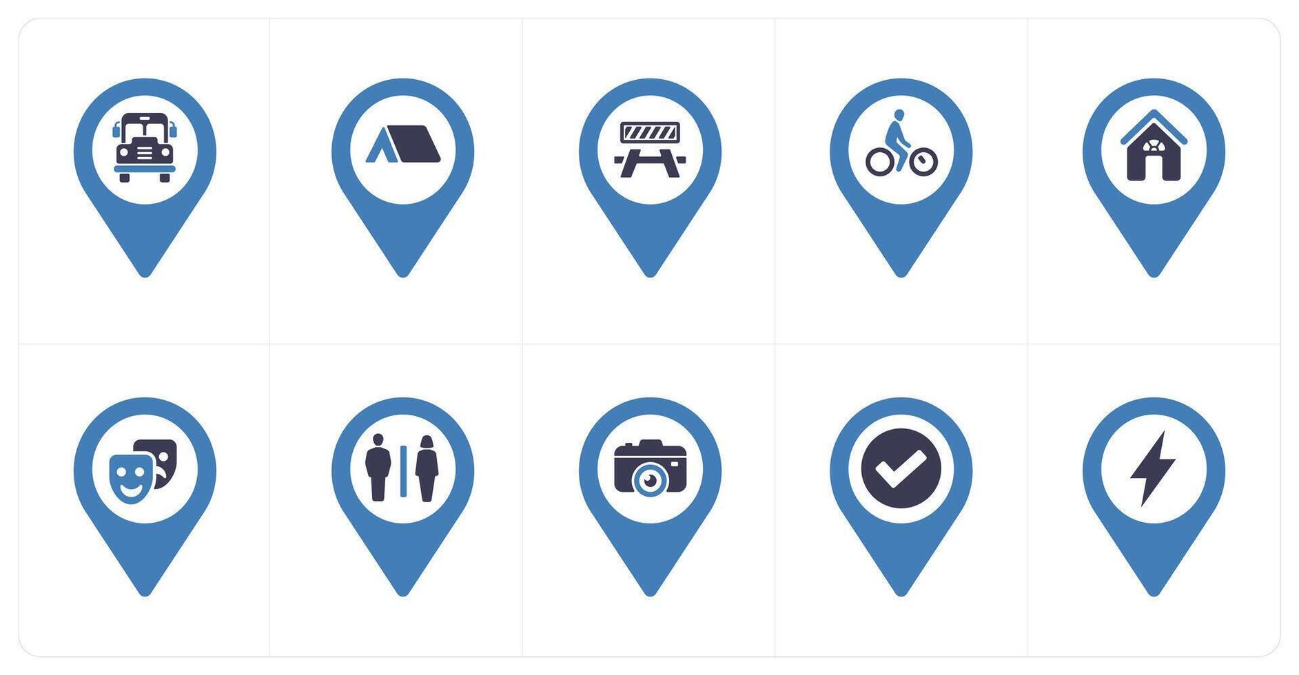 A set of 10 Location Pointer icons as bus station, home, barrier vector
