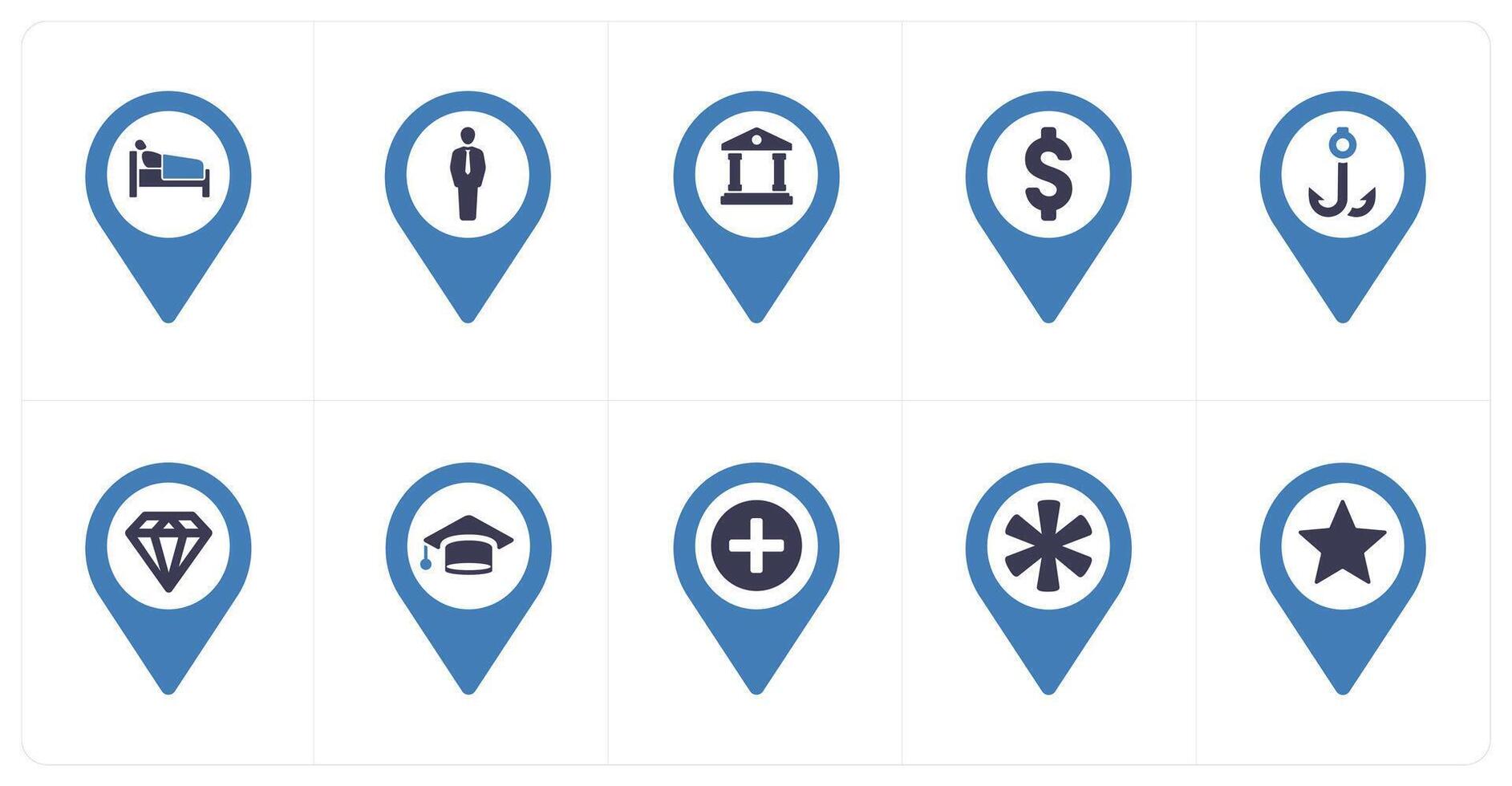 A set of 10 Location Pointer icons as rest house, human, bank vector