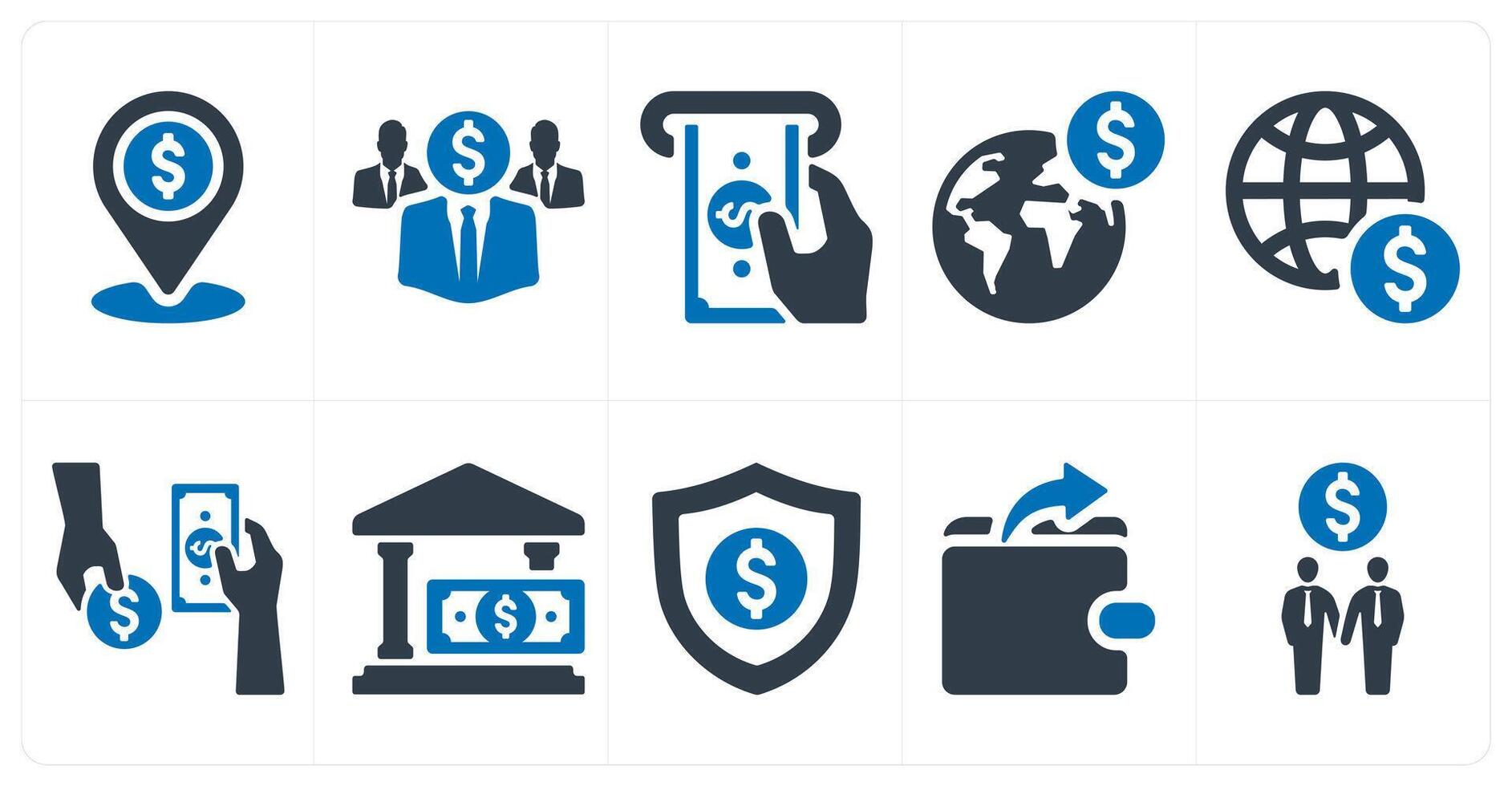 A set of 10 finance and money icons as bank location, investor, atm vector