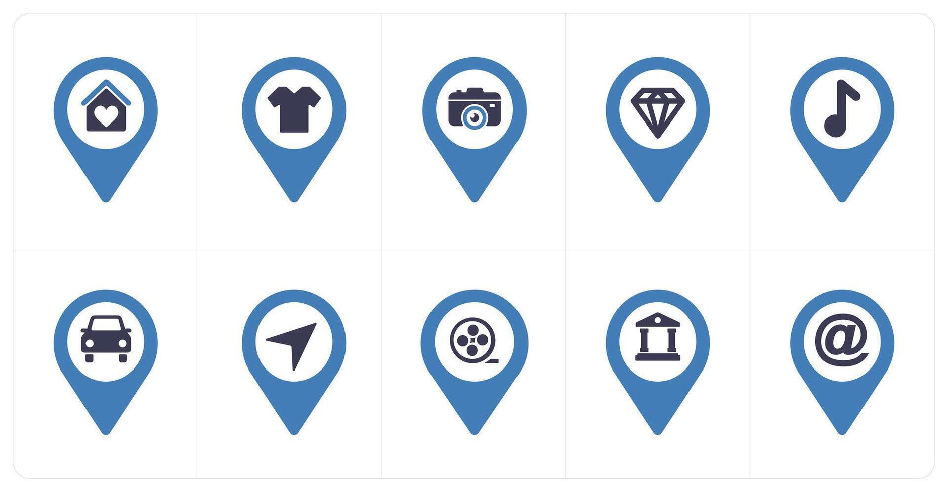 A set of 10 Location Pointer icons as house, shopping, camera vector