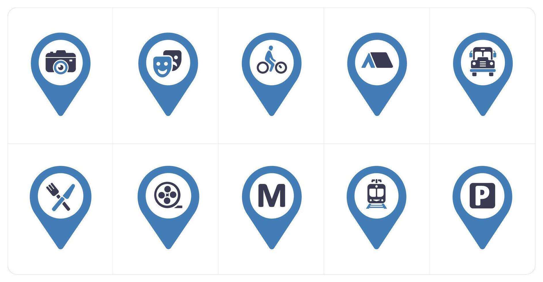A set of 10 Location Pointer icons as camera, comedy, cycling vector