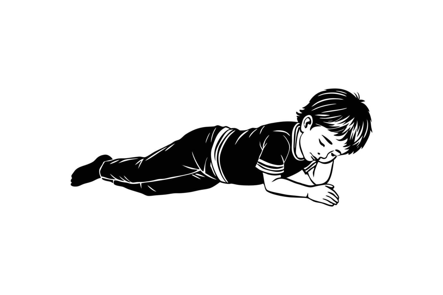 A black and white drawing of a boy laying on his stomach vector