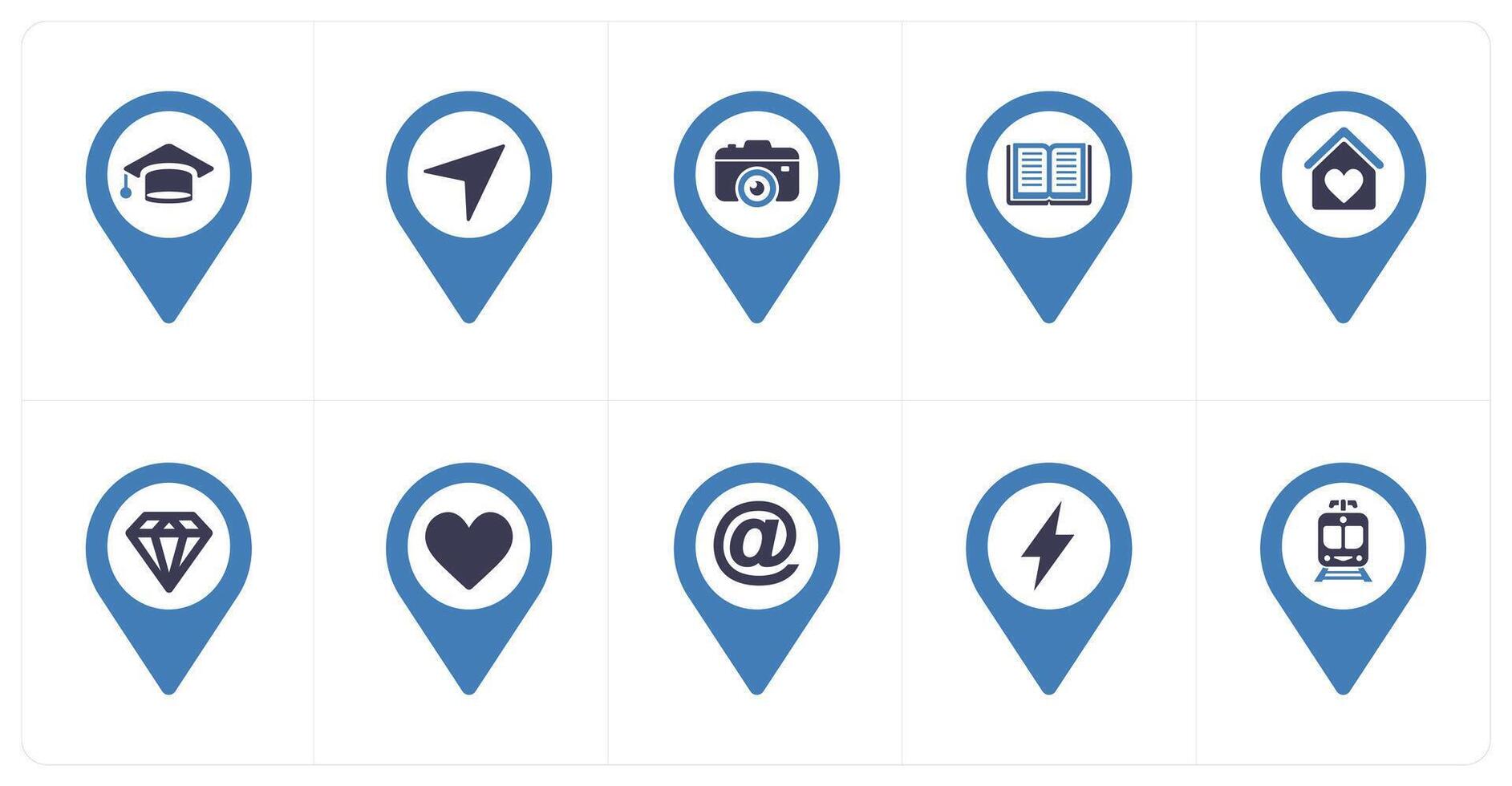 A set of 10 Location Pointer icons as graduation, direction, camera vector