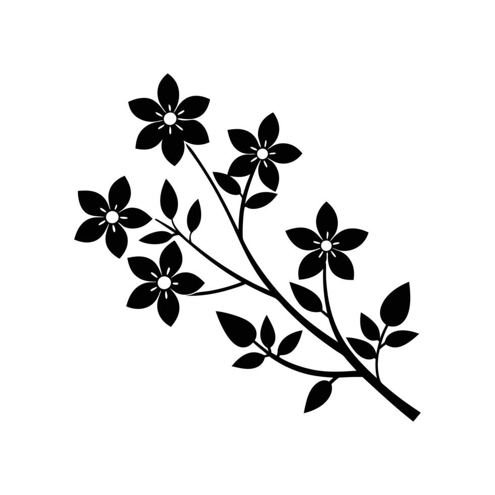 A black and white illustration of a branch with flowers vector