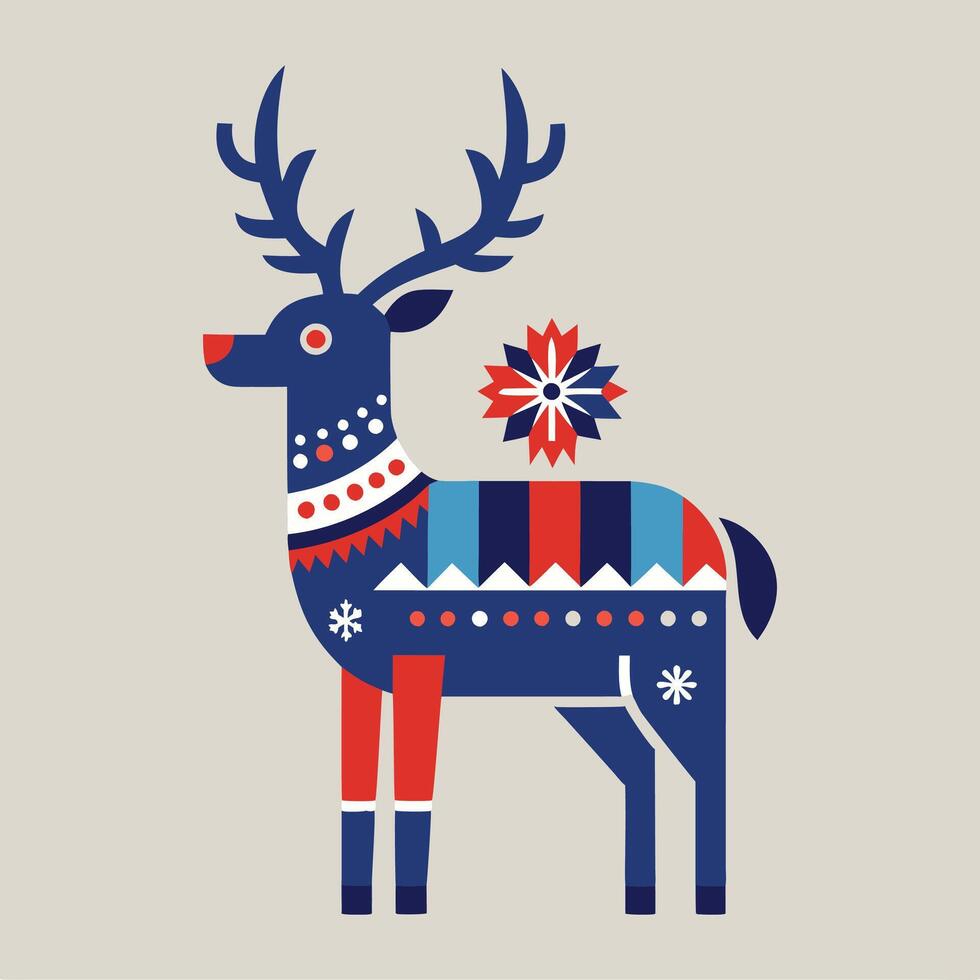 A reindeer with a red, blue and white pattern vector
