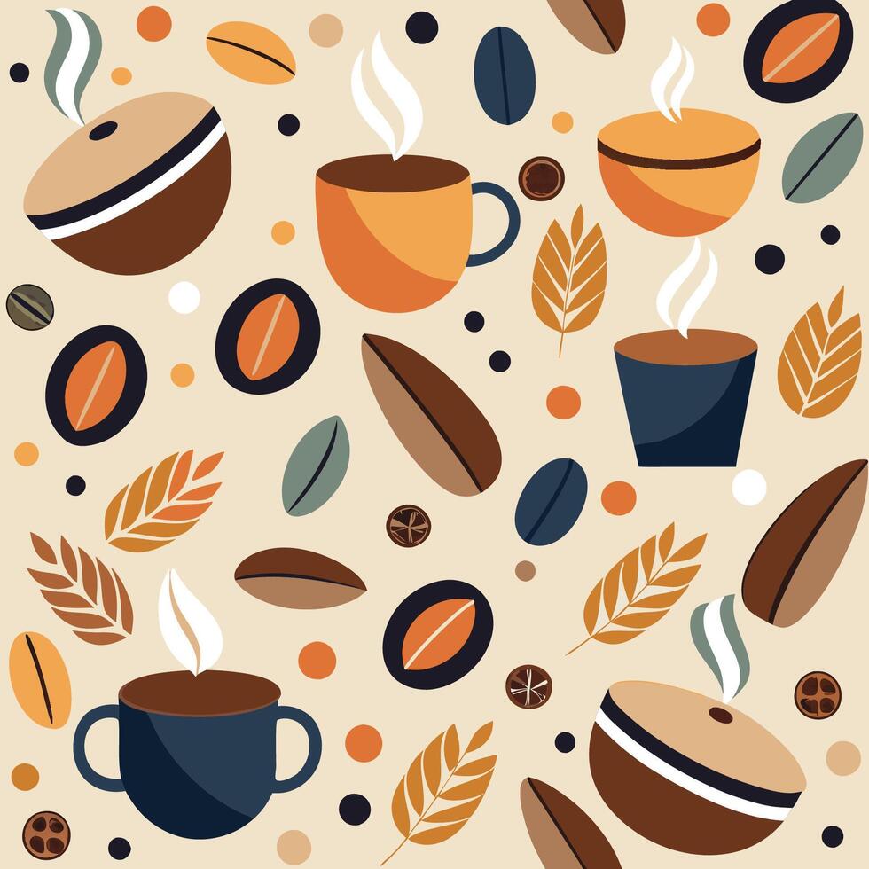 Seamless Pattern on the theme of hot coffee, coffee cups coffee beans. vector