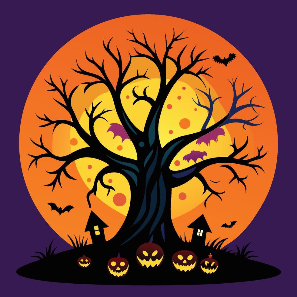 Halloween tree with pumpkins and bats on it vector