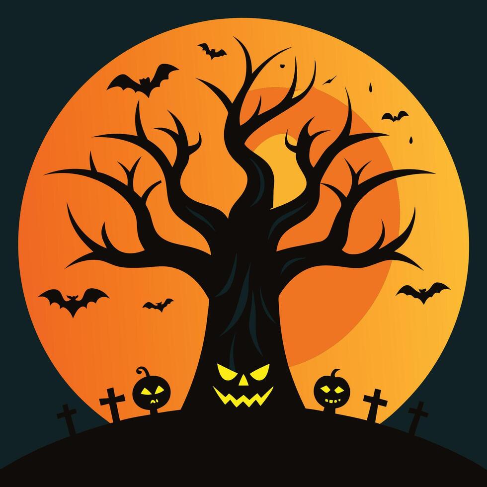 Halloween tree with bats and bats on the moon background vector