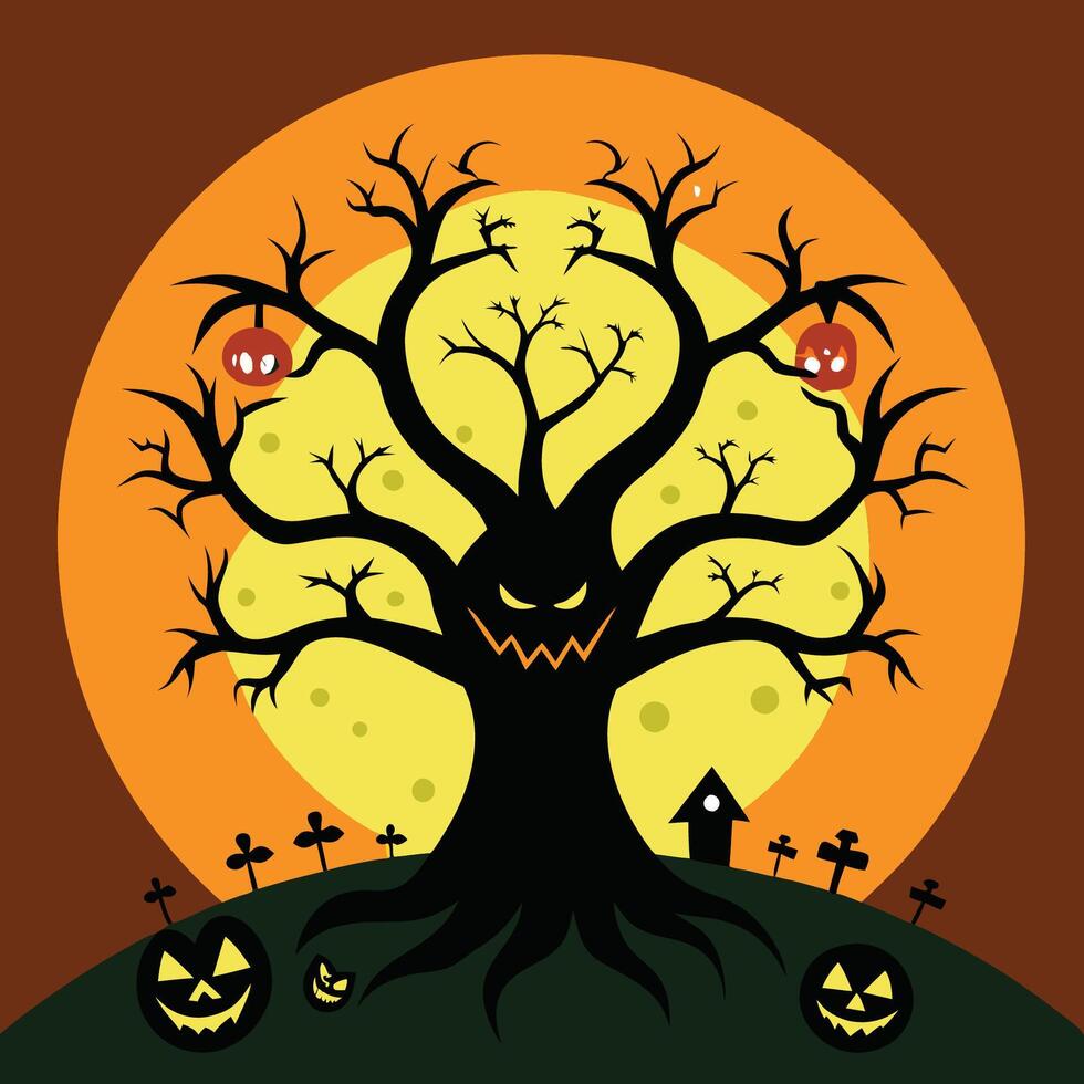 Halloween tree with pumpkins and jack o lanterns vector