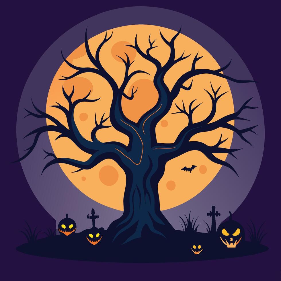 Halloween tree with pumpkins and moon on background vector