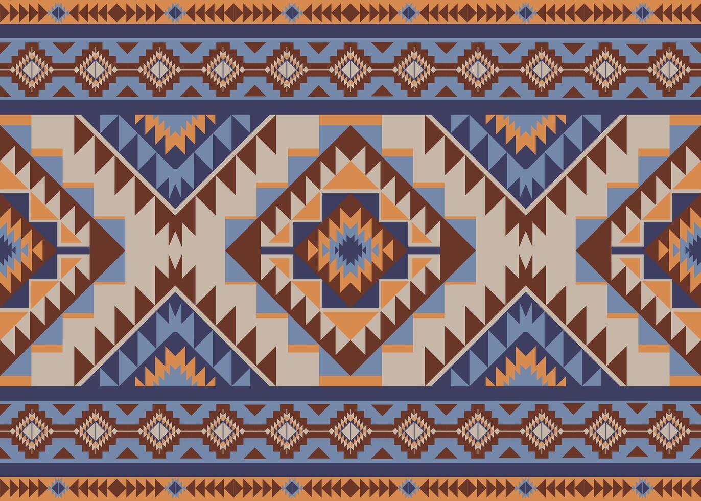 Ethnic Navajo blue and Aztec-inspired seamless pattern in a mix of geometric shapes and motifs, boho interiors. traditional kilim rug influence, this design enhances rustic or vintage home decor vector
