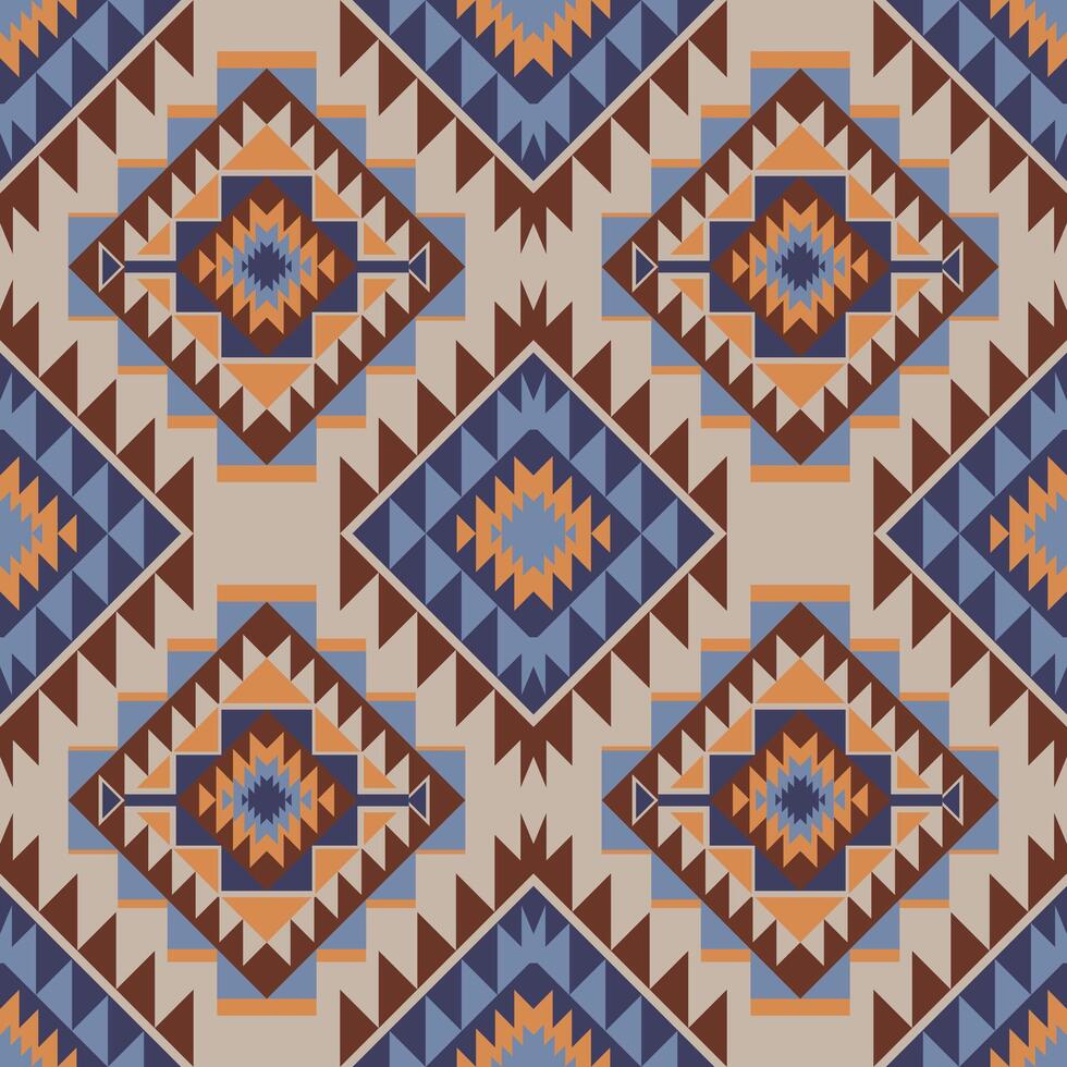 Navajo Aztec design with blue and brown tribal motifs, kilim rugs and ethnic heritage. This seamless pattern brings a symbolic touch of ancient culture to modern boho interior decor and textile crafts vector