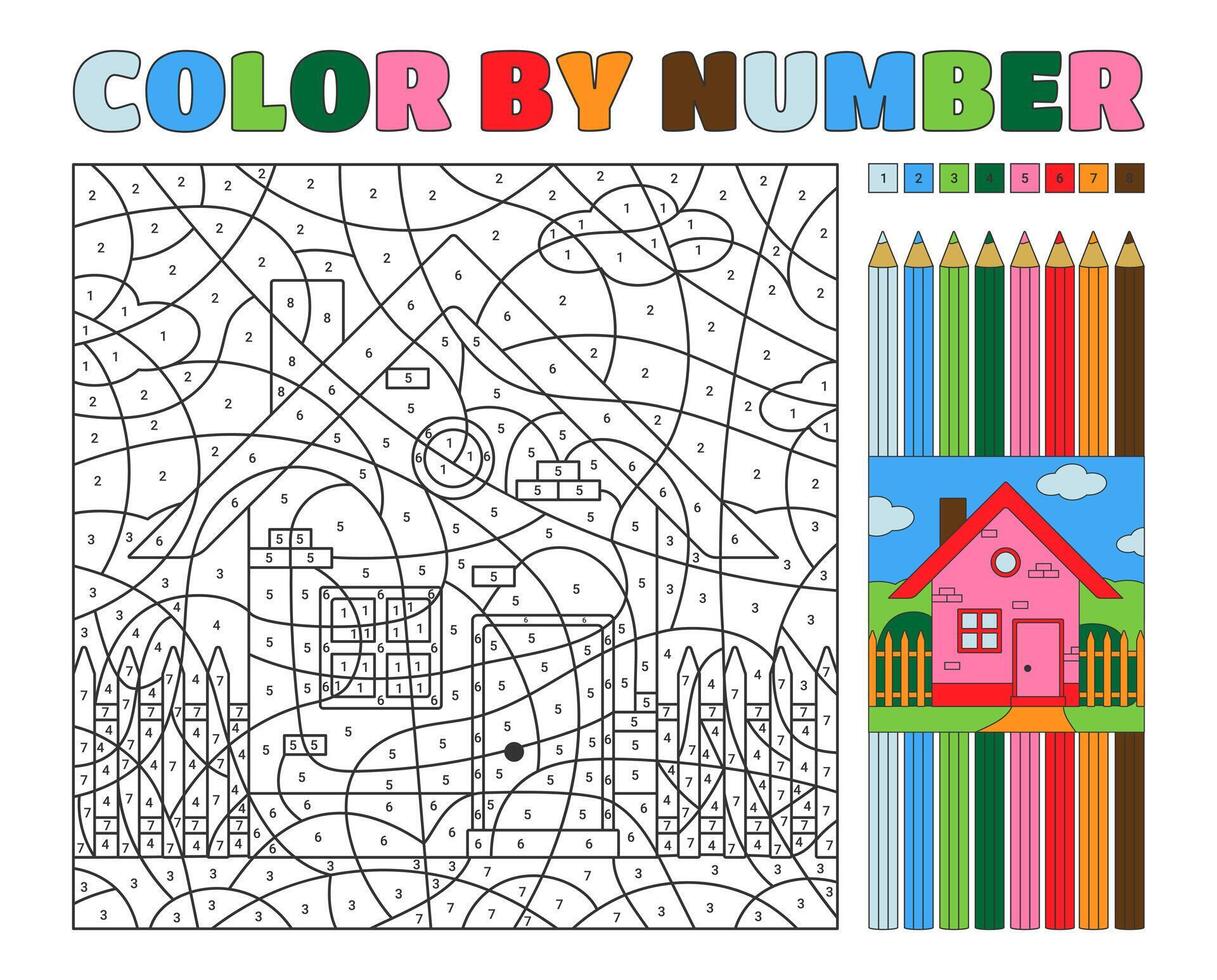 A vibrant color by number drawing of a charming house created using a variety of colored pencils for shading and detailing vector