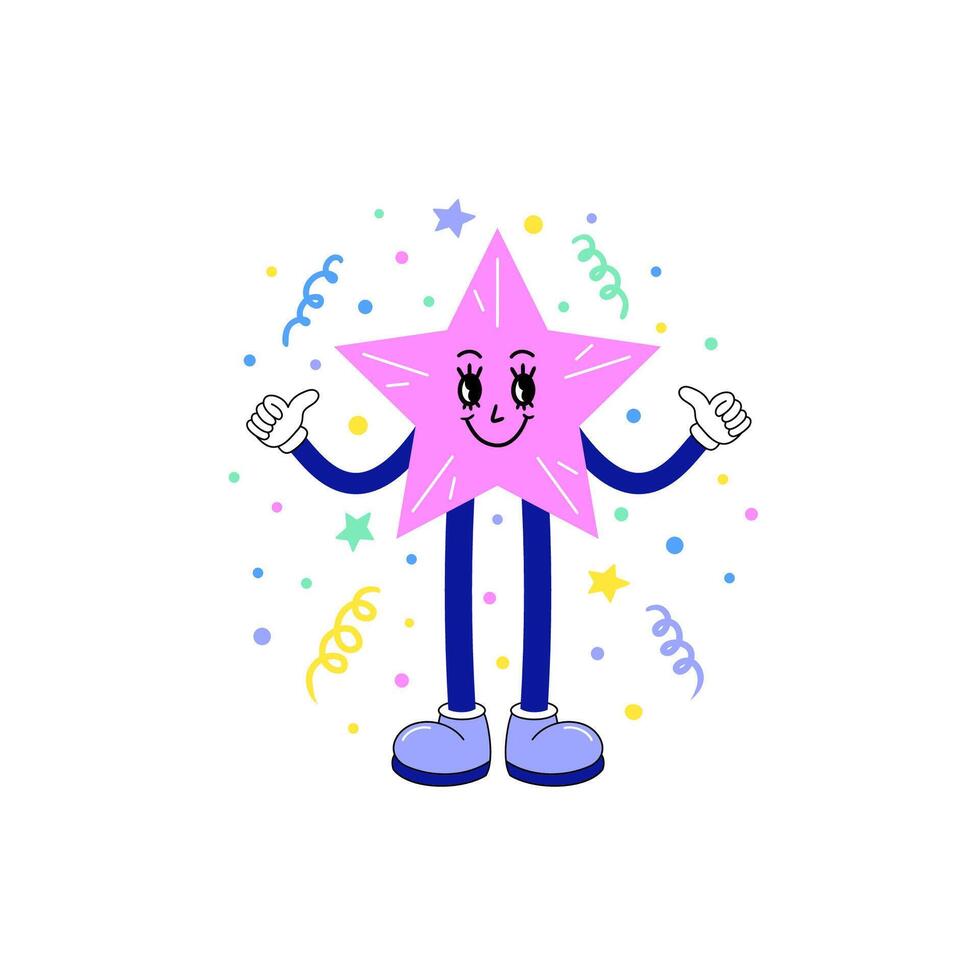 Cartoon cute pink star on a white background with flying serpentine and confetti. vector