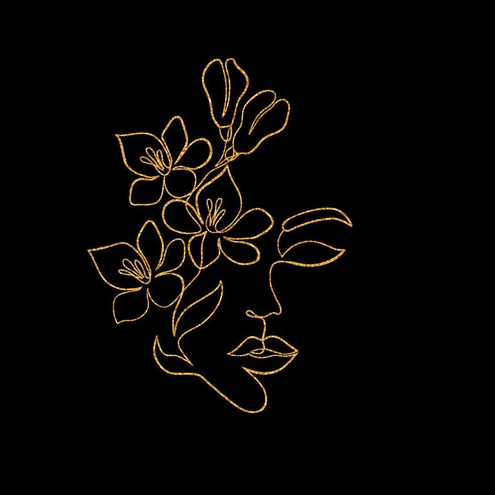 Female face in minimal line art style with golden foil effect vector