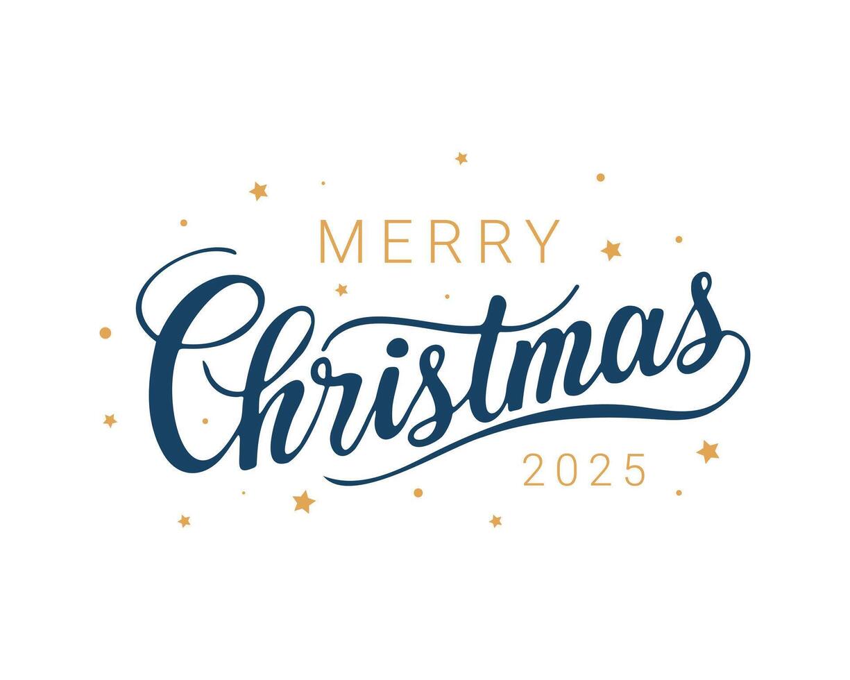 Merry Christmas 2025 lettering calligraphy with gold stars on white background, inscription holiday logo icon element vector