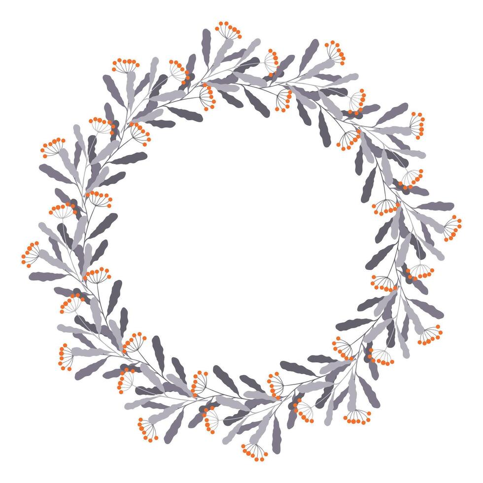 Winter cold floral wreath design featuring twigs and berry arranged in circular pattern against white background. vector