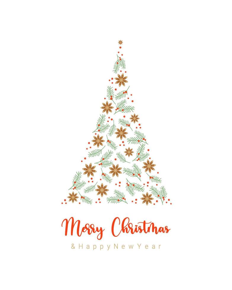 Merry Christmas card with fir branches and anise stars and red berries. On white background. vector