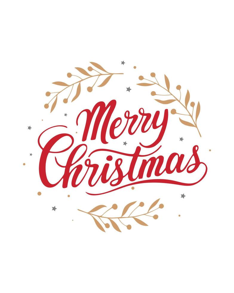 Card Merry Christmas inscription with gold stars and branches on white background, red lettering hand drawn. vector
