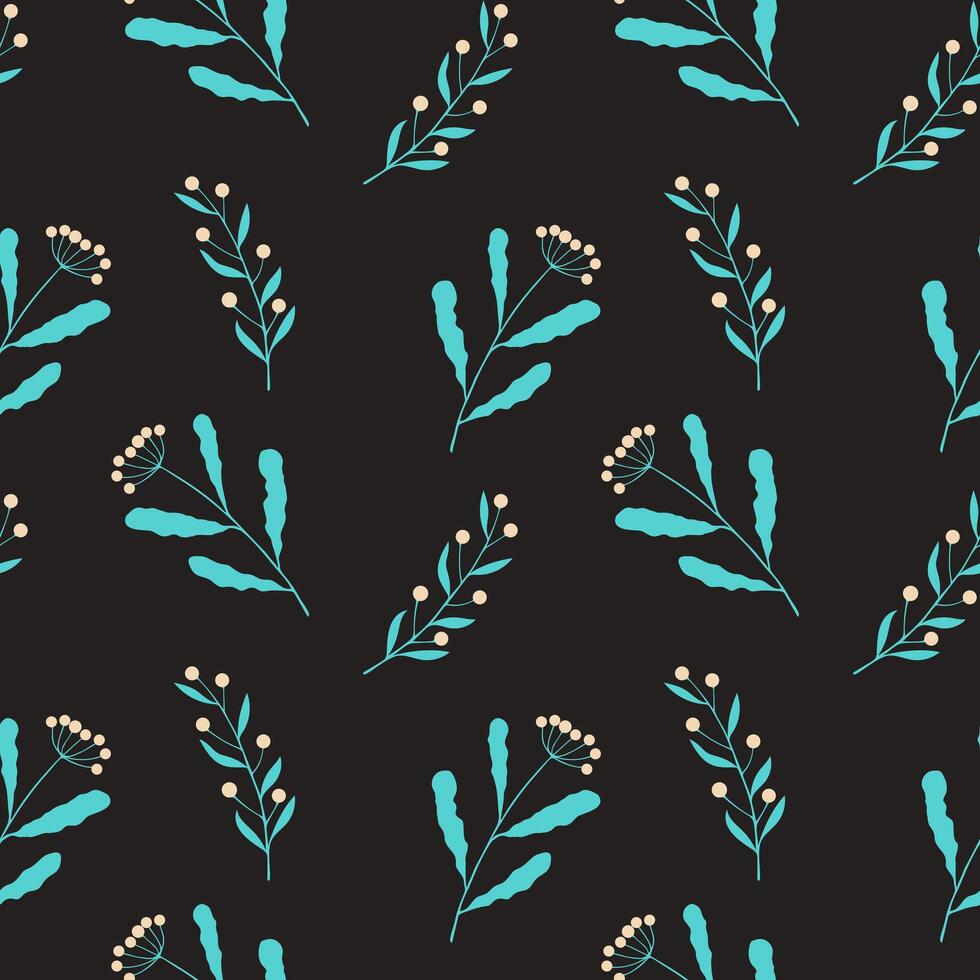 Floral pattern with blue leaves and berries on dark background. Hand drawing twigs. vector