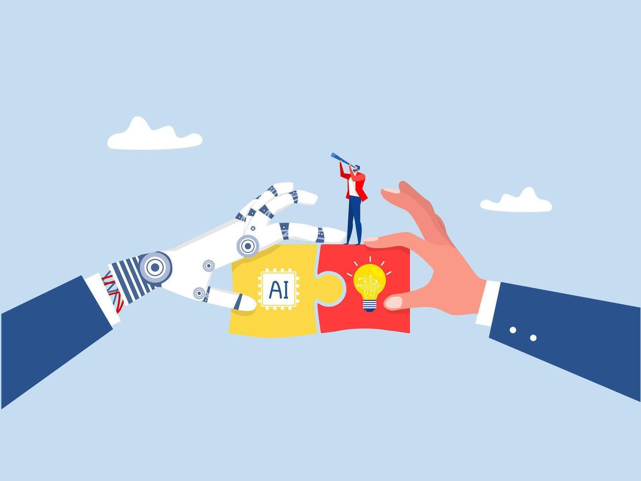 Artificial Intelligence Robot Hand And Businessman Hand holding different pieces of puzzle Partners robot machine and human cooperation illustrator vector