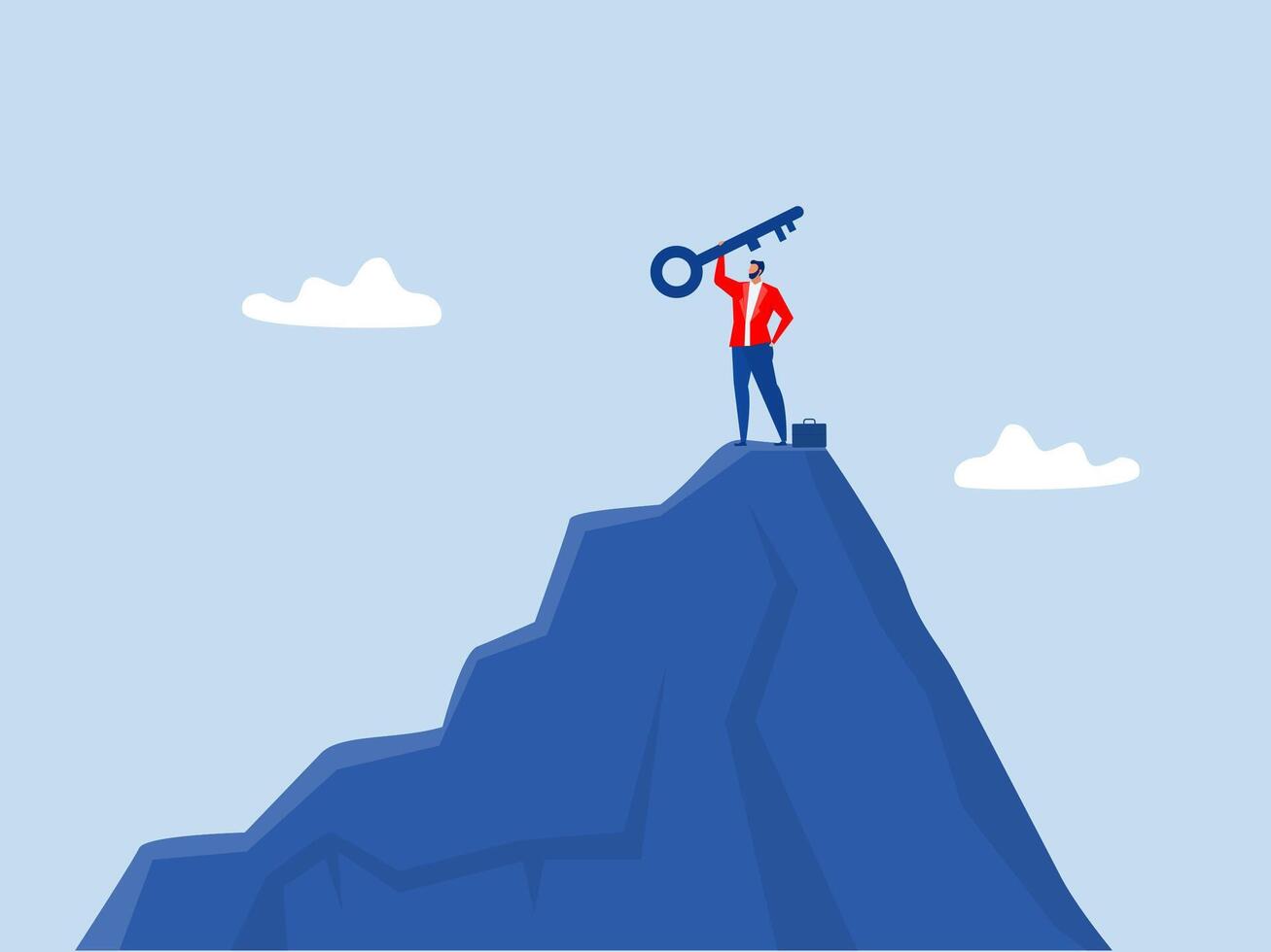 Key win to business success concept,businessman winner walk up to top on mountain lifting achieve career target concept success key to the sky. vector